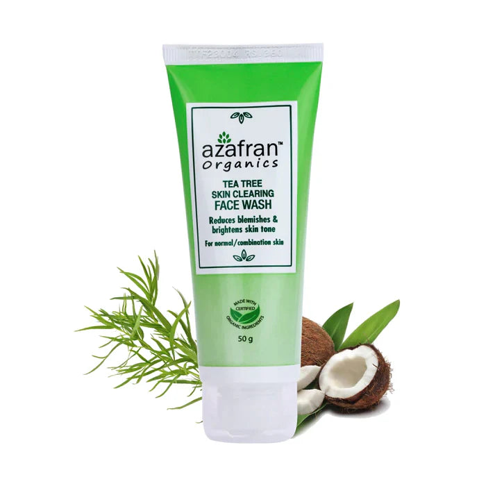 Face Wash | Tea Tree Skin Clearing Face Wash (Made With Certified Organic Ingredients) - Reduces Blemishes & Brightens Skin Tone - For Normal And Combination Skin - Vegan, Cruelty Free, Paraben Free & Sulphate Free - Azafran – 100gm
