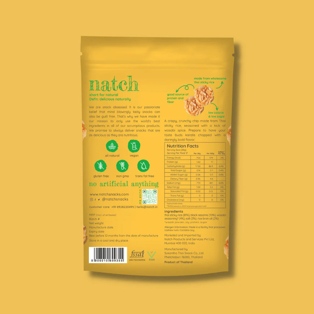 Chips | Thai Rice Chips (Wasabi) – All Natural – Vegan, Gluten Free, Trans Fat Free, Non GMO & No Added Artificial Flavor – natch – 25gm