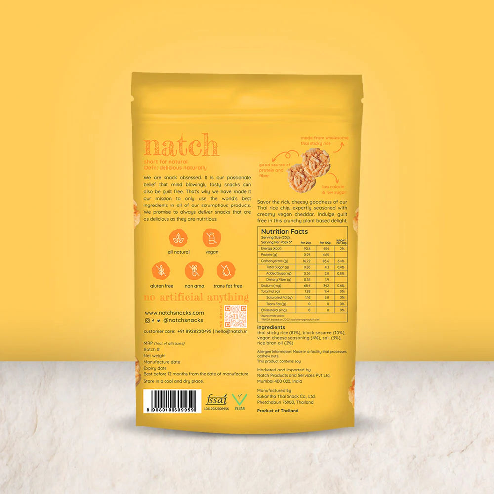 Chips | Thai Rice Chips (Vegan Cheddar) – All Natural – Vegan, Gluten Free, Trans Fat Free, Non GMO & No Added Artificial Flavor – natch – 100gm