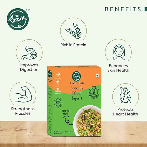 Sprouts Meal Super 3 (Moong, Moth, Lobia) - 26gm Protein - Vegan, No Sugar, No Maida, No Added Preservatives - The Naturik Co - 120gm
