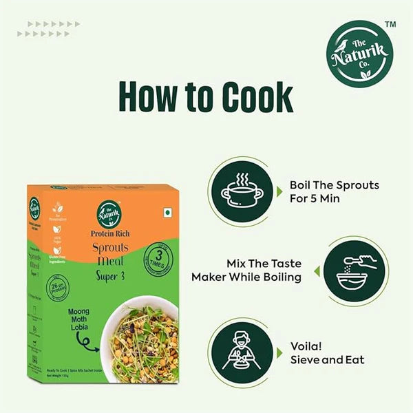 Sprouts Meal Super 3 (Moong, Moth, Lobia) - 26gm Protein - Vegan, No Sugar, No Maida, No Added Preservatives - The Naturik Co - 120gm
