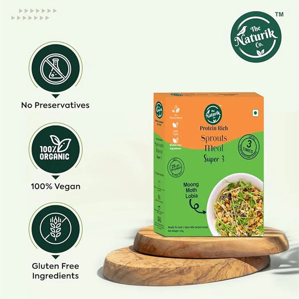 Sprouts Meal Super 3 (Moong, Moth, Lobia) - 26gm Protein - Vegan, No Sugar, No Maida, No Added Preservatives - The Naturik Co - 120gm