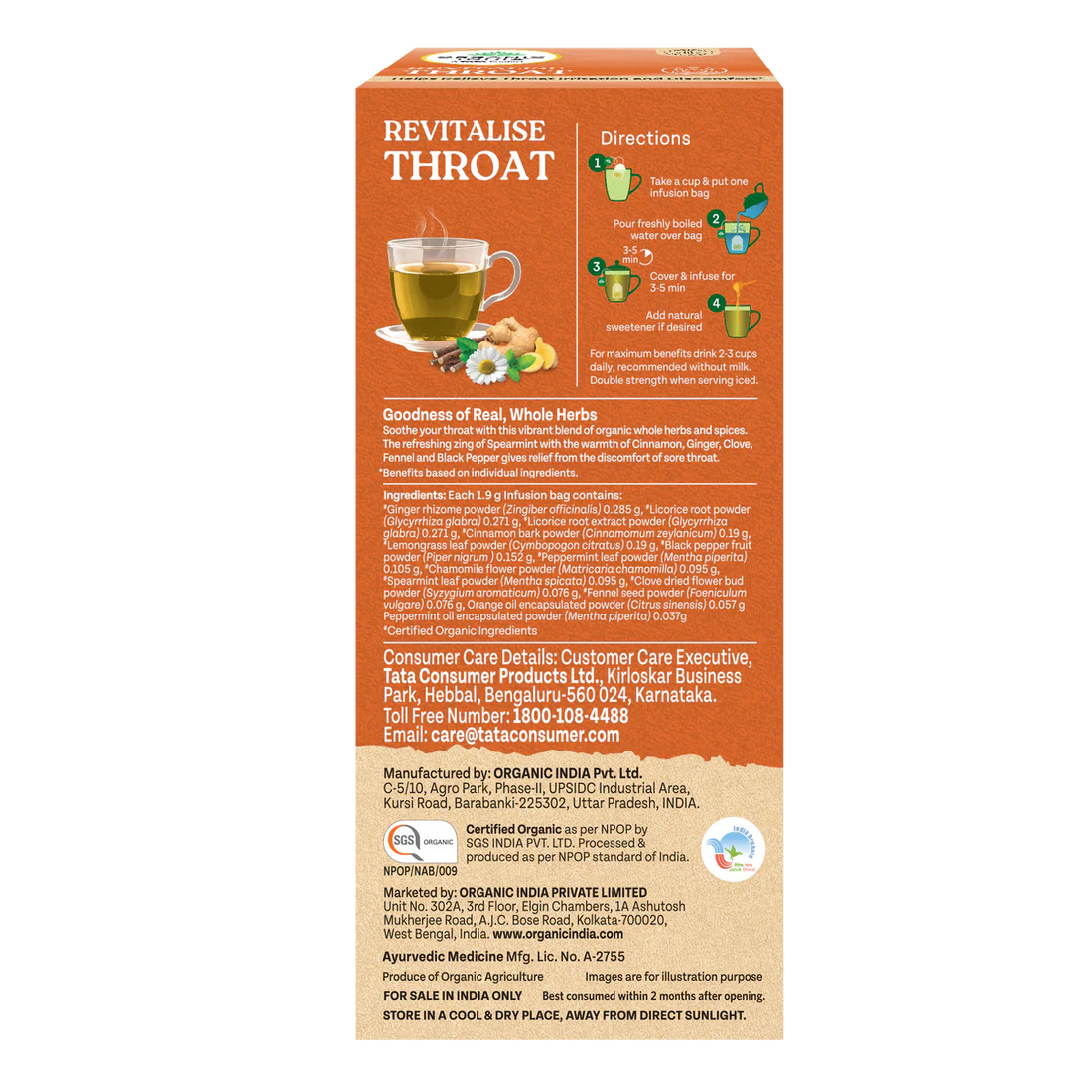 Tea| Revitalise Throat (Whole Herbs) - Relieve Throat Irritation & Discomfort- 100% Plant Based – Certified Organic - Caffeine free- Organic India-25 Tea Bag