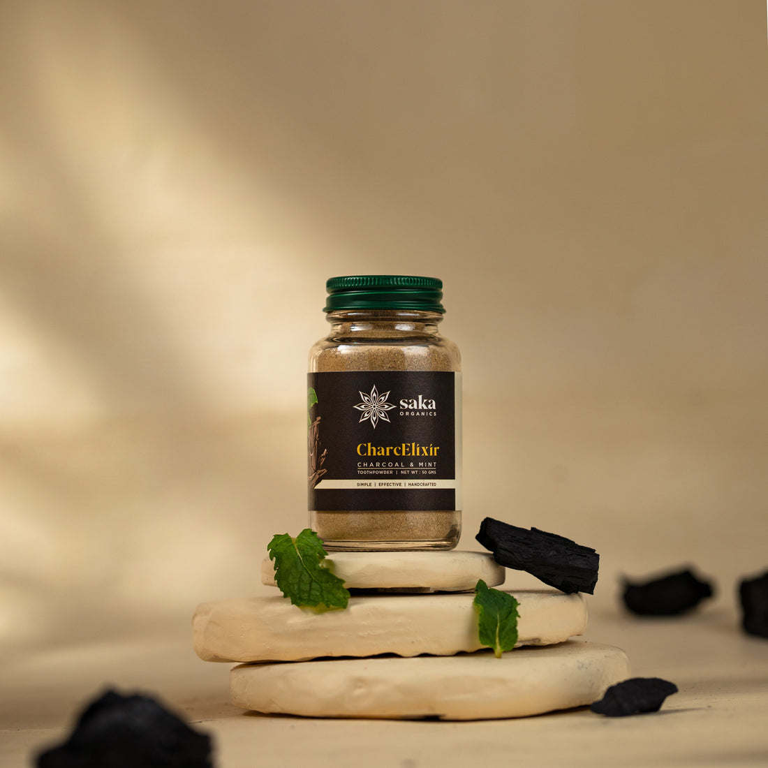 Toothpowder | CharcElixir - Charcoal & Mint Toothpowder - Handcrafted - Saka Organics - 50gm