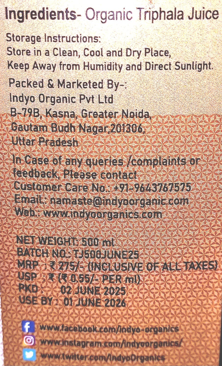 Juice | Triphala Juice - USDA Organic - No Added Flavours, Colours & No Added Preservatives - Indyo Organic - 500ml