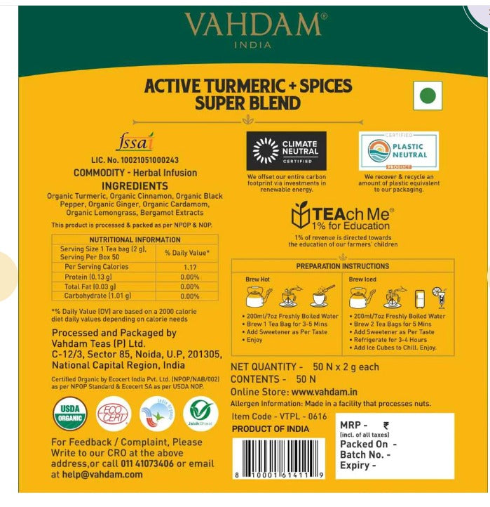Turmeric Spiced Herbal Tea Tisane - Vahdam - 15Tea Bags