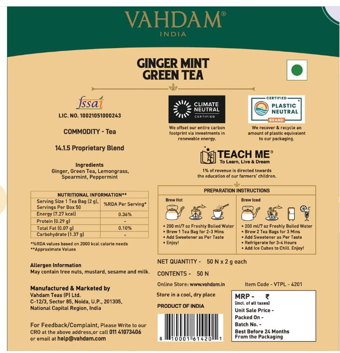 Ginger Mint Green Tea - Vahdam - 15Tea Bags