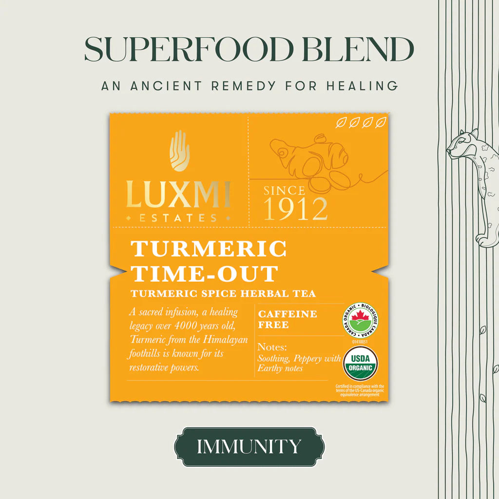 Tea | Turmeric Time Out - Turmeric Spice Herbal Tea - USDA Organic - Caffeine Free - Soothing, Peppery WIh Earthy Notes - Luxmi Estates - 25 Tea Bags