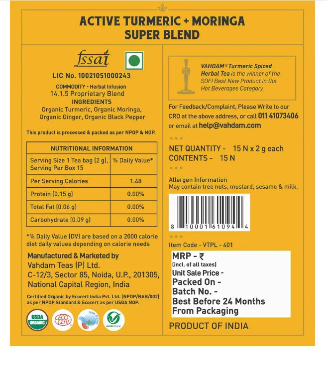 Turmeric Moringa Herbal Tea Tisane - Vahdam - 15Tea Bags
