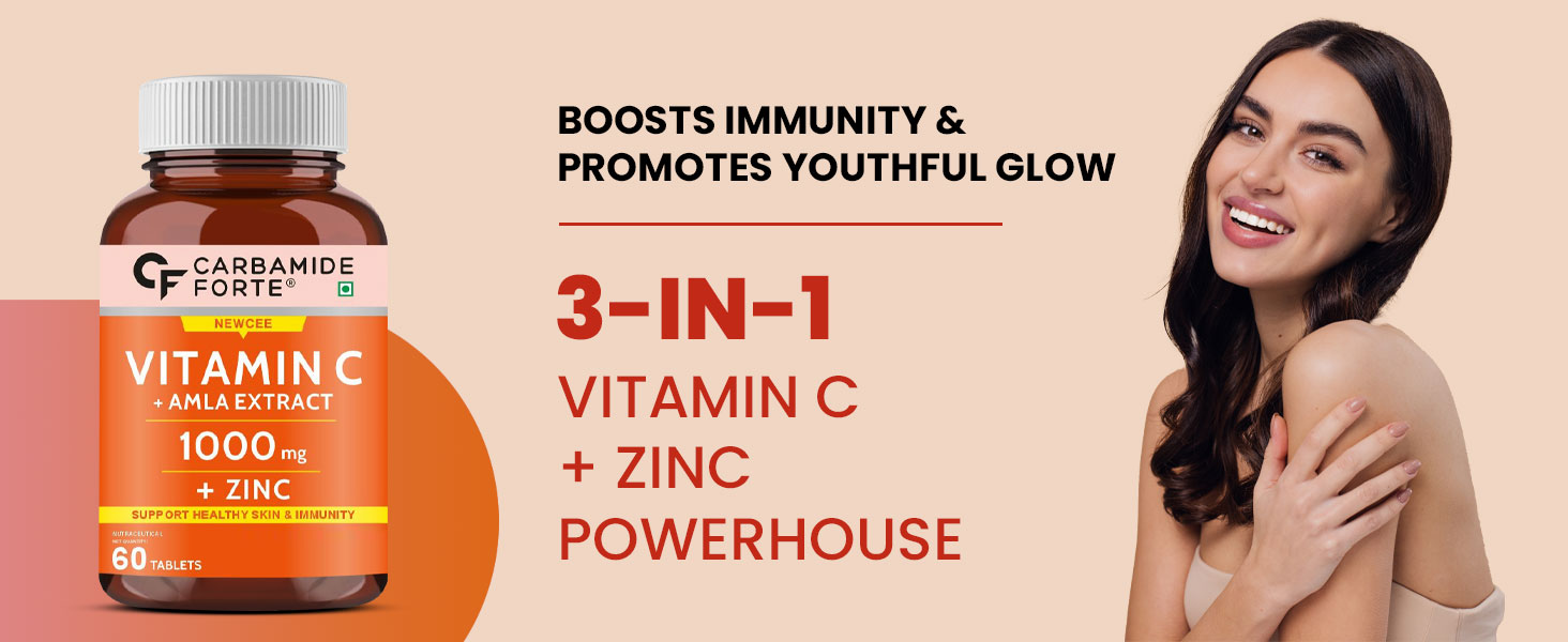 Natural Vitamin C from Amla with Zinc (1000 mg + Zinc )- Support Healthy Skin & Immunity - Carbamide Forte -60 Tablets
