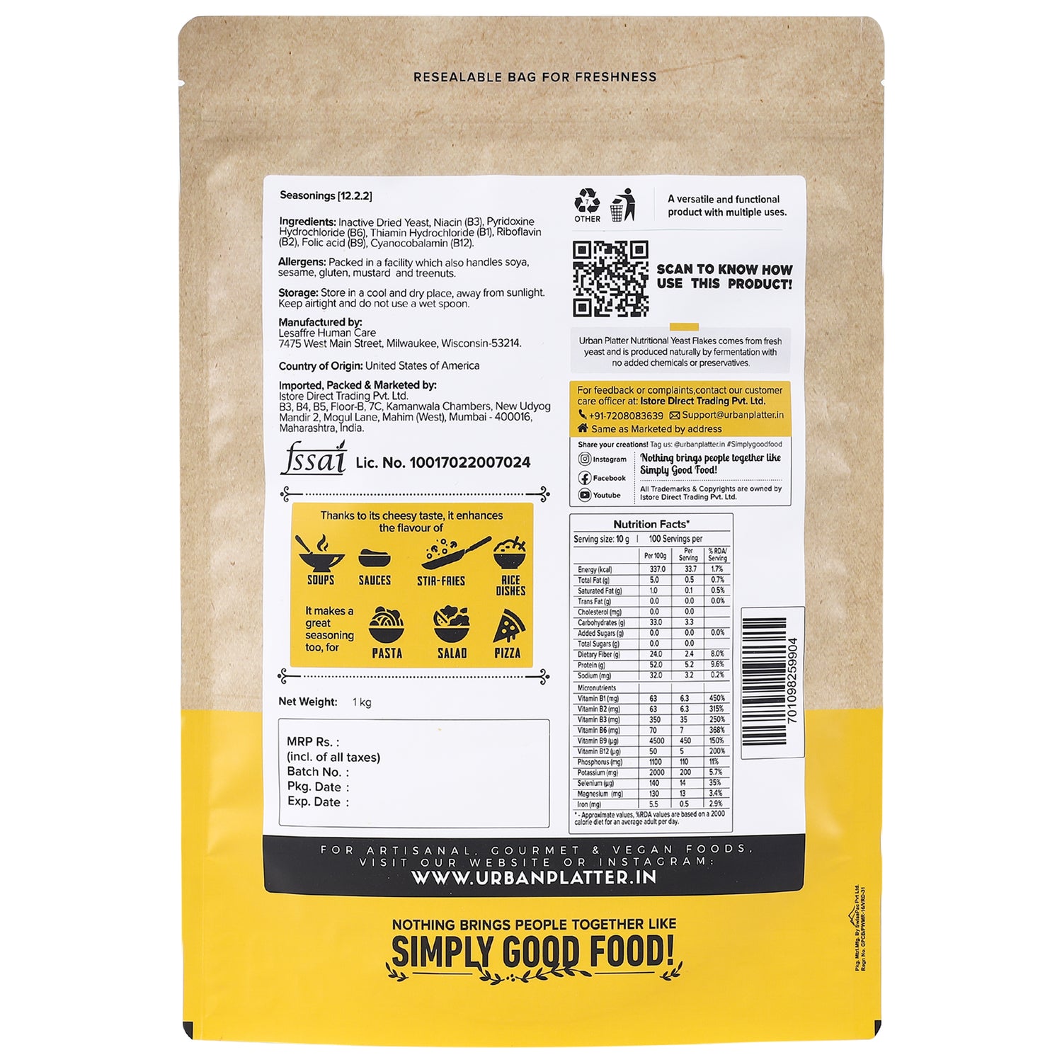 Yeast Flakes | Nutritional Yeast Flakes – Nutty And Cheesy Flavour – Perfectly Plant Based, Non GMO & Fortified – Organic – Vegan, Gluten Free, High In Vitamin B12, Vitamin B9 & High In Protein – Urban Platter – 1000gm