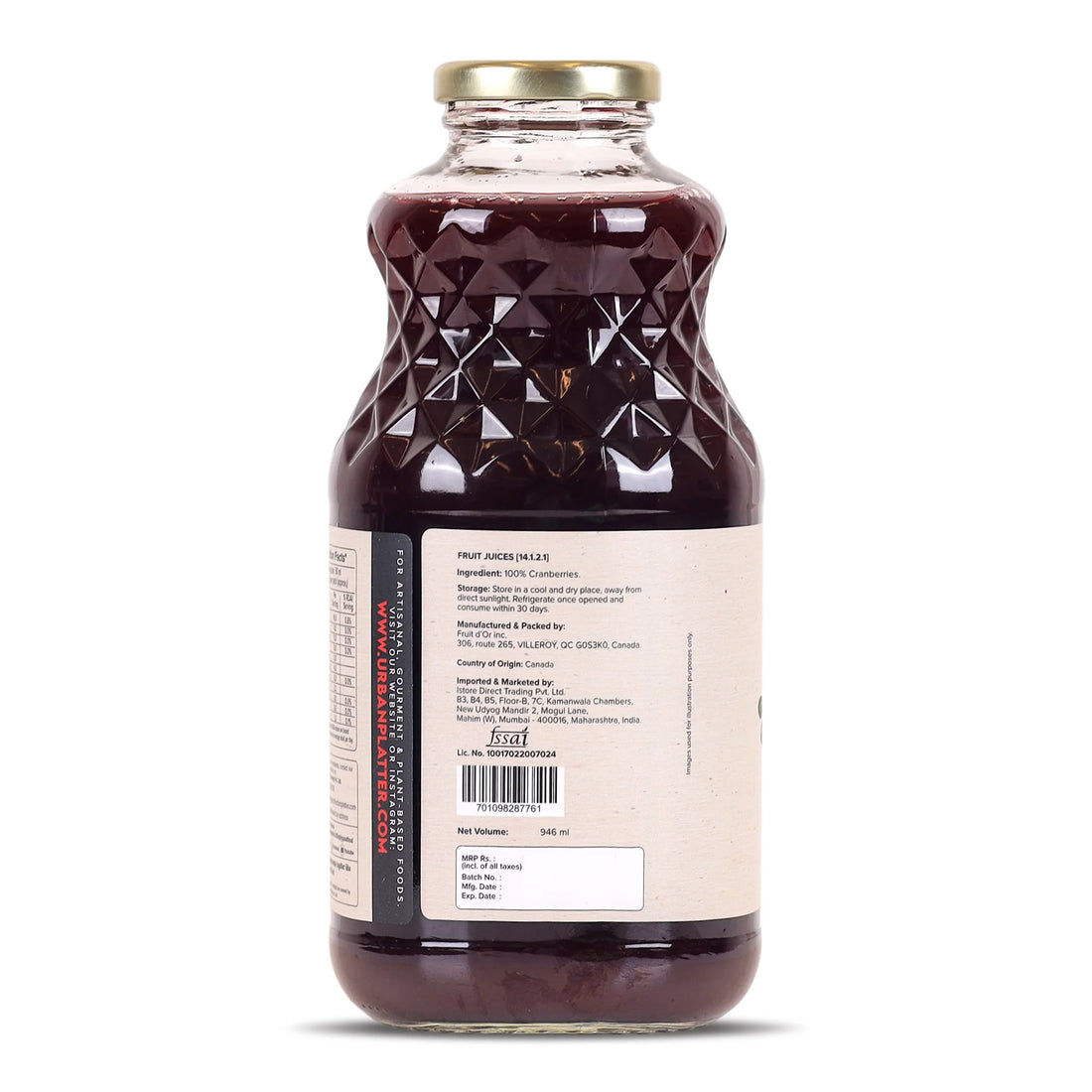 Cranberry Juice | Canadian - Natural - Rich Source Of Vitamin C - No Added Preservatives, Color & No Added Sugar - Urban Platter - 1000ml