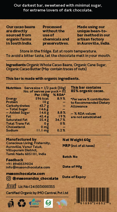 85% Intense Orange Dark Chocolate Bar - Vegan & Gluten Free - Mason & Co - 60gm