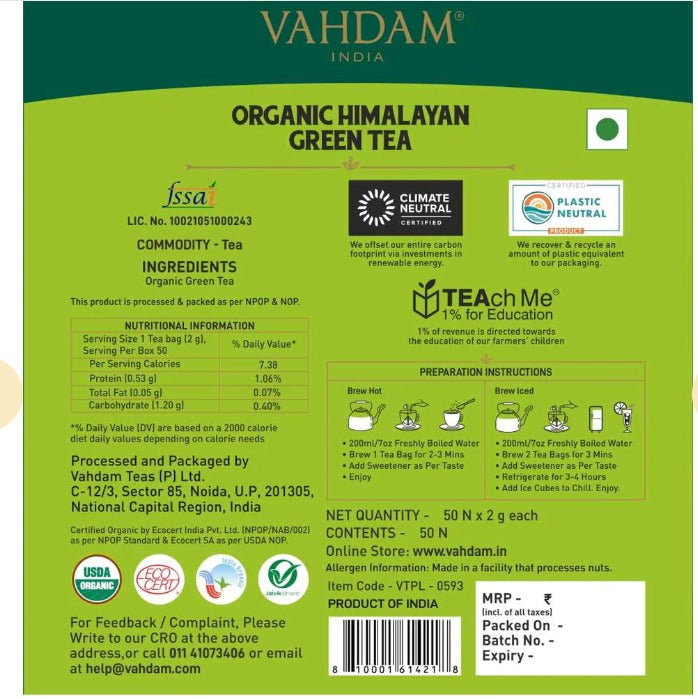 Himalayan Green Tea - Organic - Vahdam - 15Tea Bags