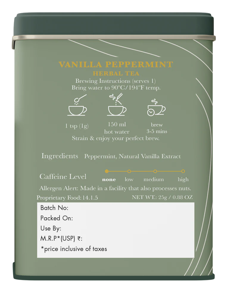 Herbal Tea |Vanilla Peppermint Herbal Tea - Caffeine Free – Sweet, Smooth, Aromatic - USDA Organic – Luxmi Estates – 25gm