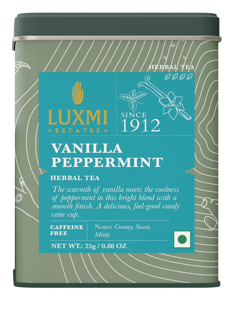 Herbal Tea |Vanilla Peppermint Herbal Tea - Caffeine Free – Sweet, Smooth, Aromatic - USDA Organic – Luxmi Estates – 25gm