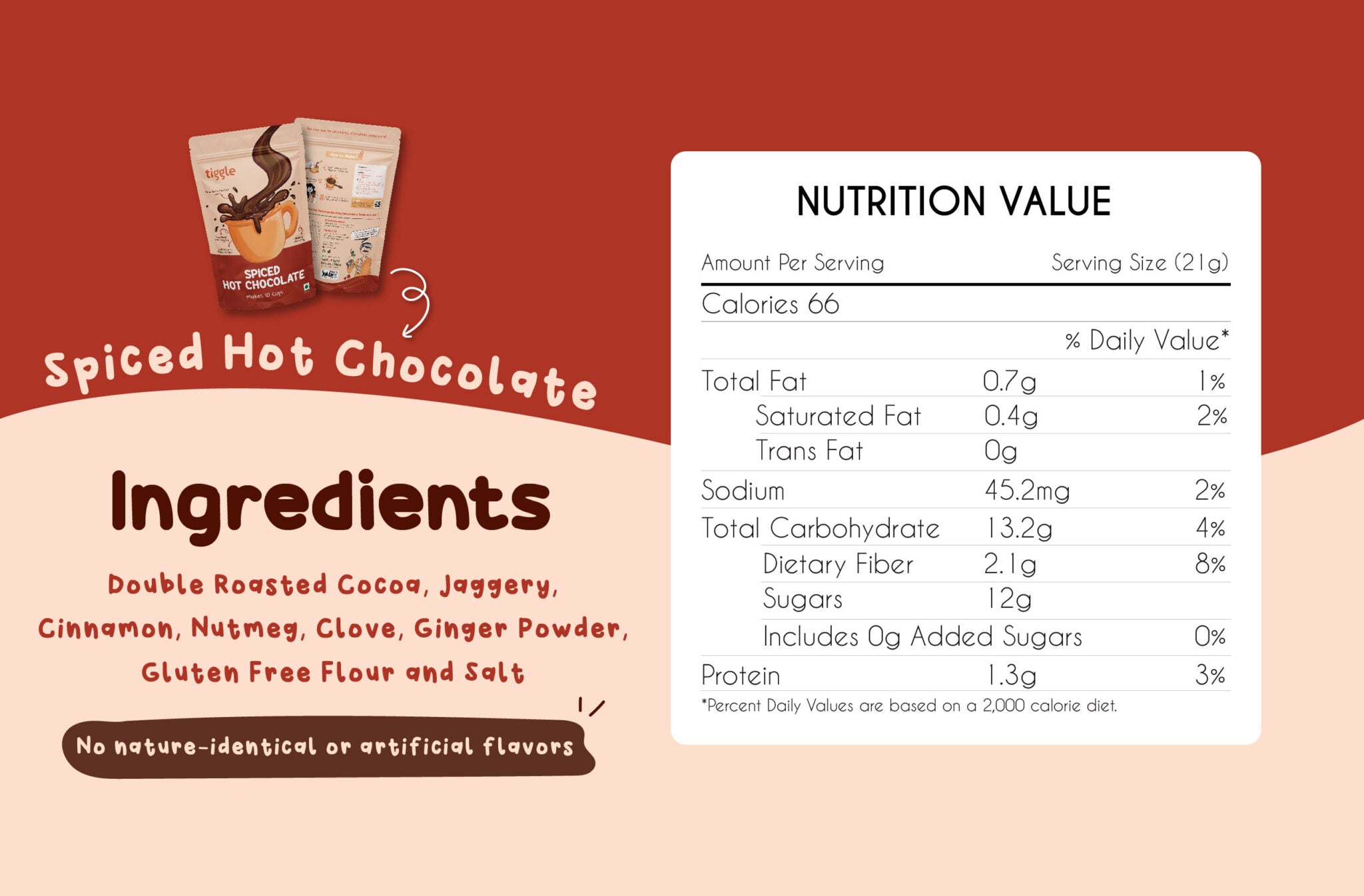 Chocolate Mix | Spiced Hot Chocolate Mix - Vegan, Gluten Free & Chemical Free - Tiggle - Make 10 Cups - 200gm