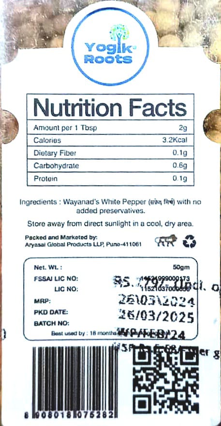 Pepper | Wayanad’s (White) – Single Origin – Organically Grown – Improves Appetite – Gluten Free, No Added Preservatives & Non GMO – Yogik Roots – 50gm