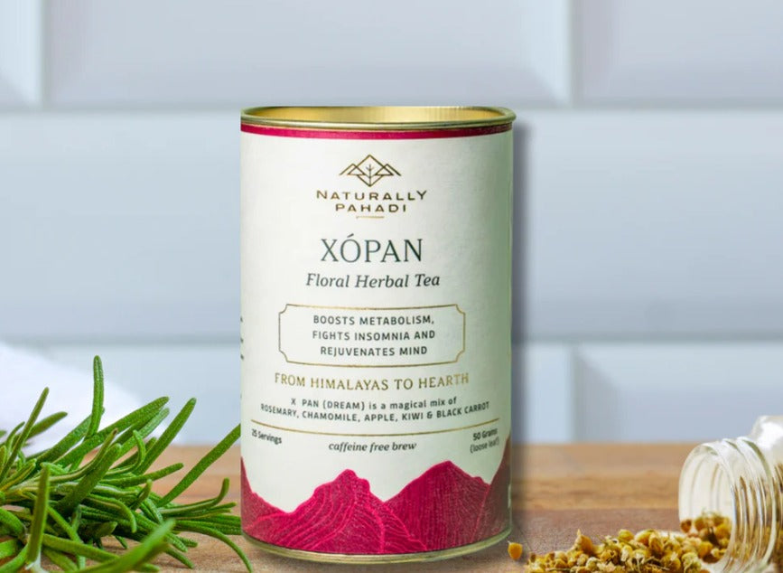 Tea | Floral Herbal (A Perfect Blend Of Rosemary, Chamomile, Apple, Kiwi & Black Carrot) - Xopan - Naturally Grown - Boosts Metabolism, Fight Insomnia And Rejuvenates Mind - Chemical Free & Caffeine Free - Naturally Pahadi - 30gm