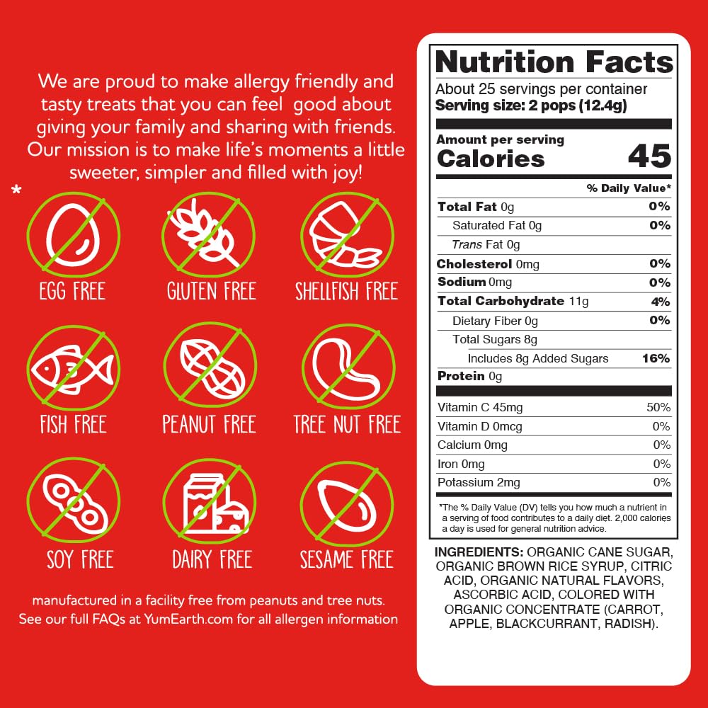 Pops | Naturally Flavoured - Colored With Fruit And Vegetables Juices - USDA Organic - Vegan, Gluten Free, Non GMO & No High Fructose Corn Syrup Or No Artificial Dyes - Yum Earth - 87gm