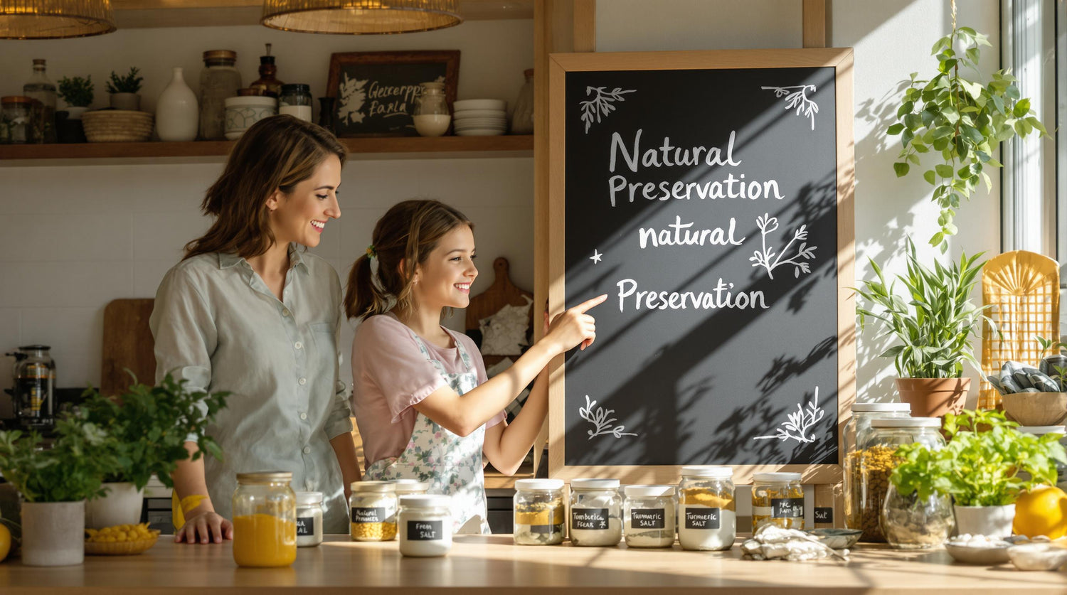 Family kitchen with natural preservatives, reading ingredient labels.