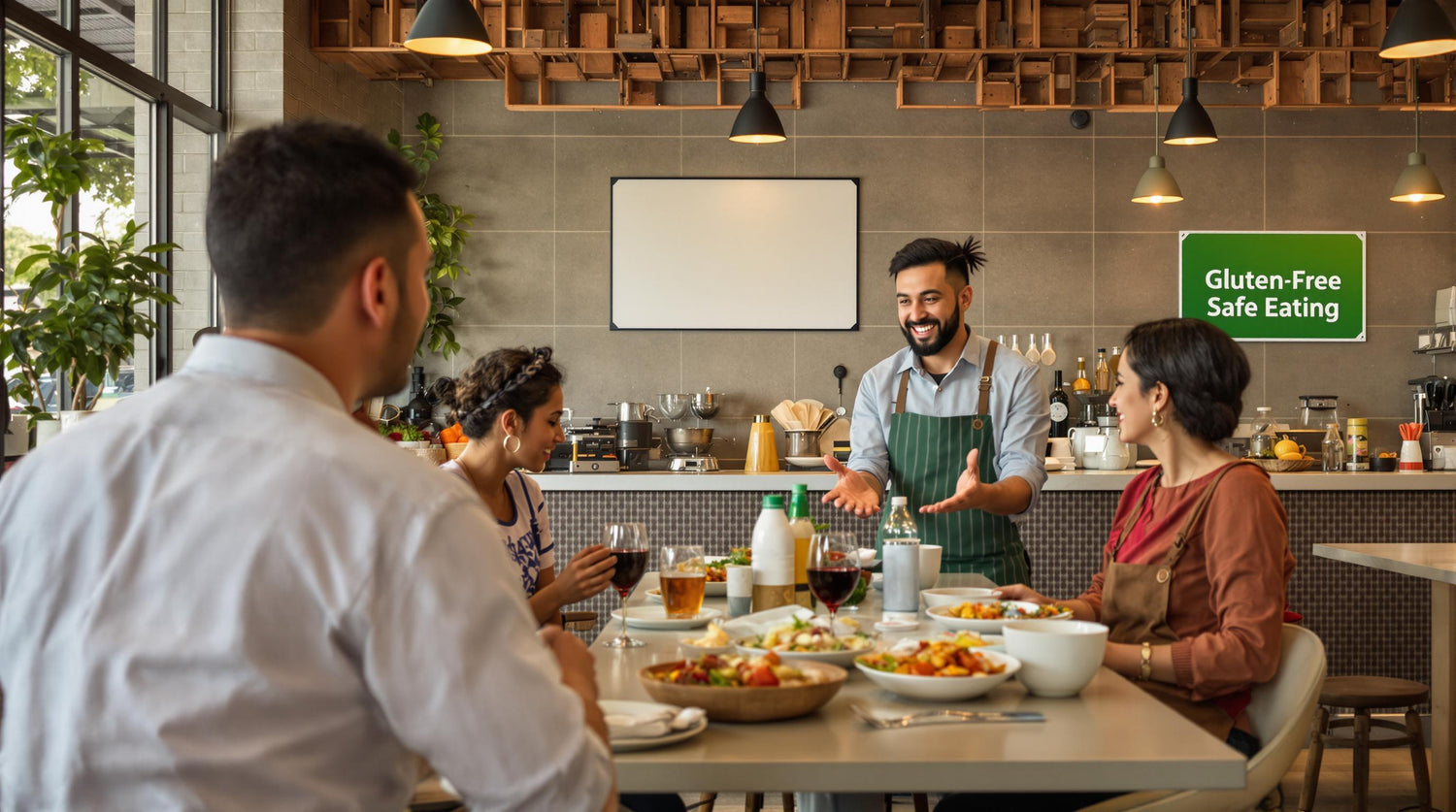 Diner discussing gluten free options with server in Delhi restaurant