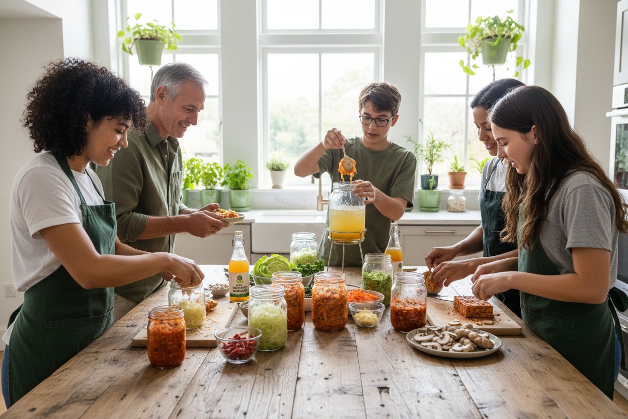 fermented vegan foods, people preparing, modern kitchen
