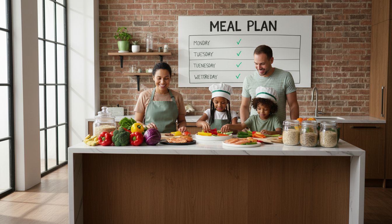 Family meal planning in modern kitchen