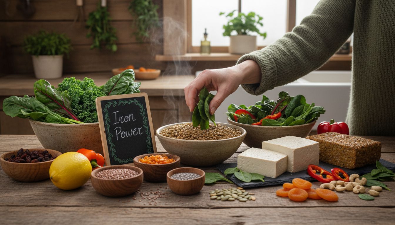 Assorted vegan iron-rich foods on rustic table