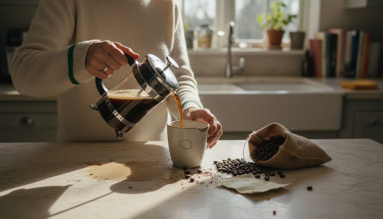 Woman pouring coffee with beans on counter