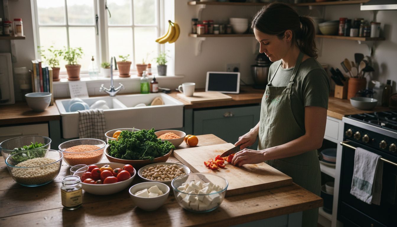 Woman preparing vegan staple foods in home kitchen