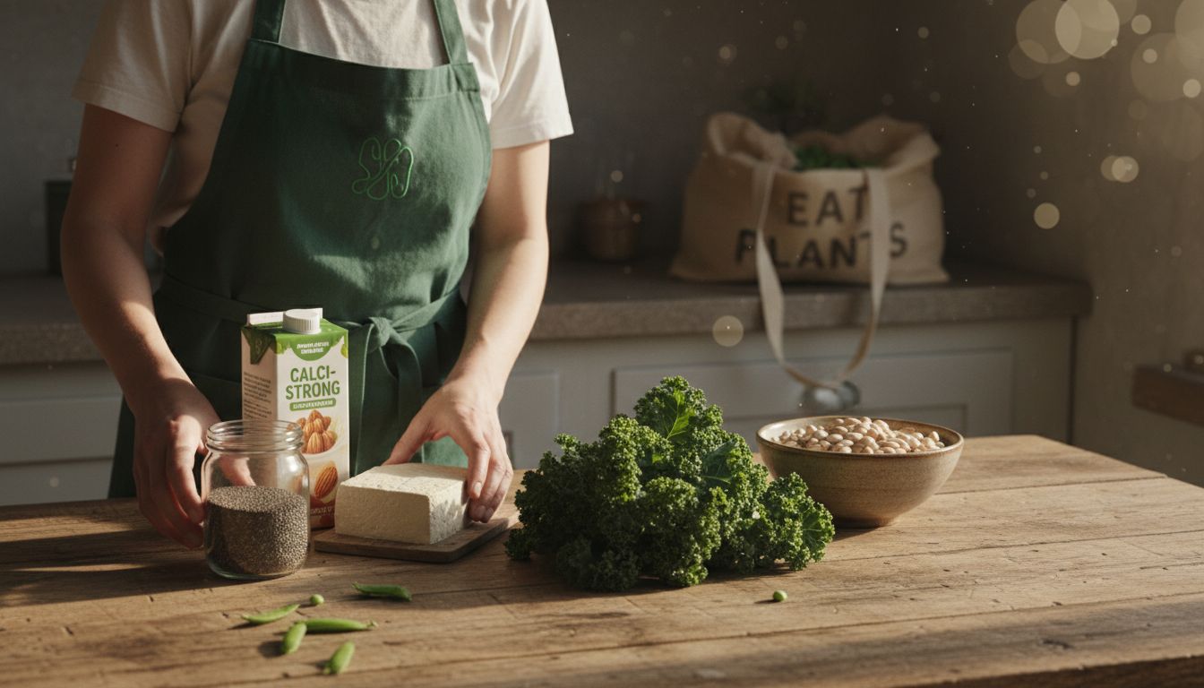 Woman arranging vegan calcium foods on kitchen table