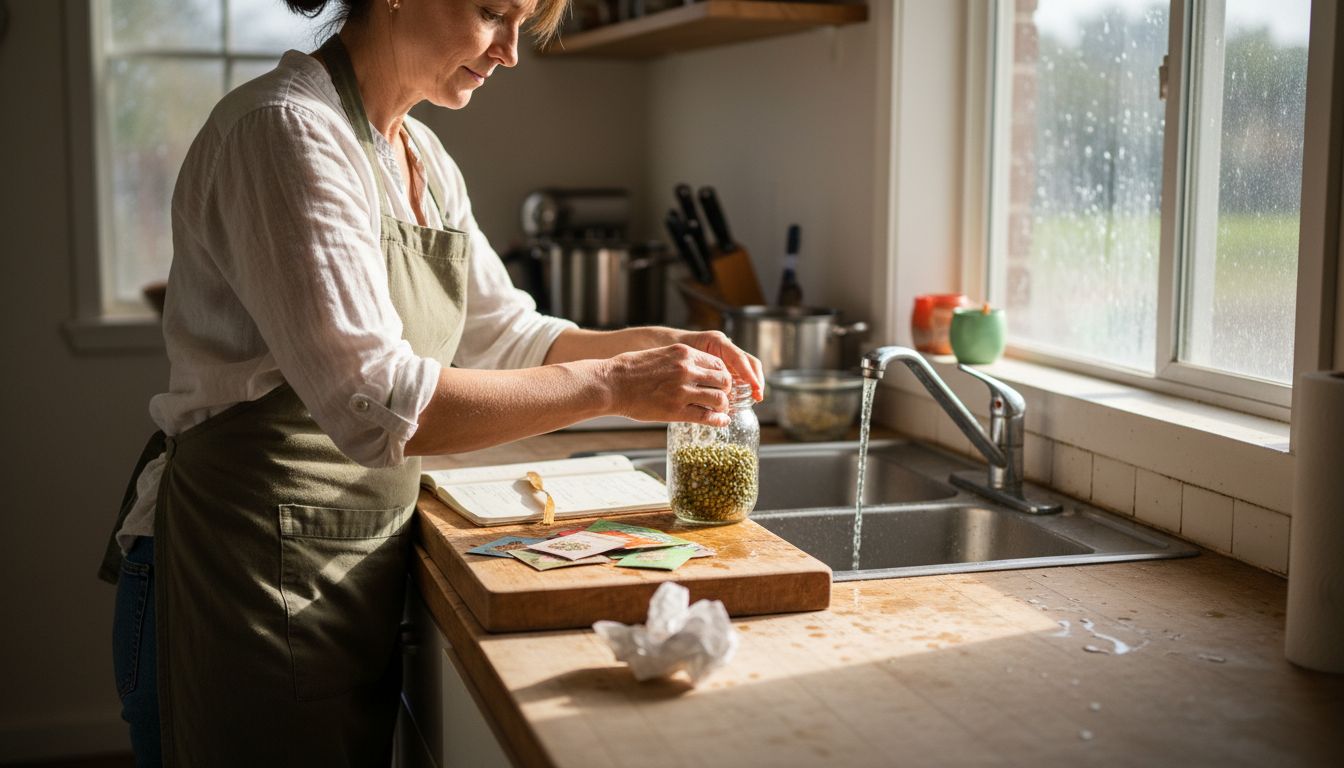 Woman rinsing seeds in kitchen sprouting jars