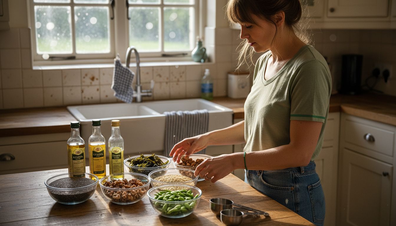 Woman preparing variety of vegan omega 3 foods