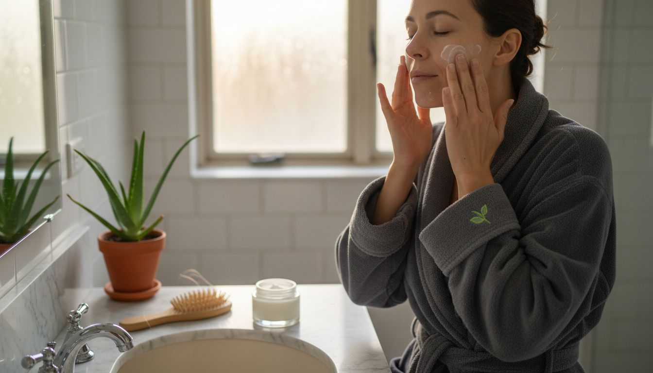Woman applying organic skincare at bathroom sink