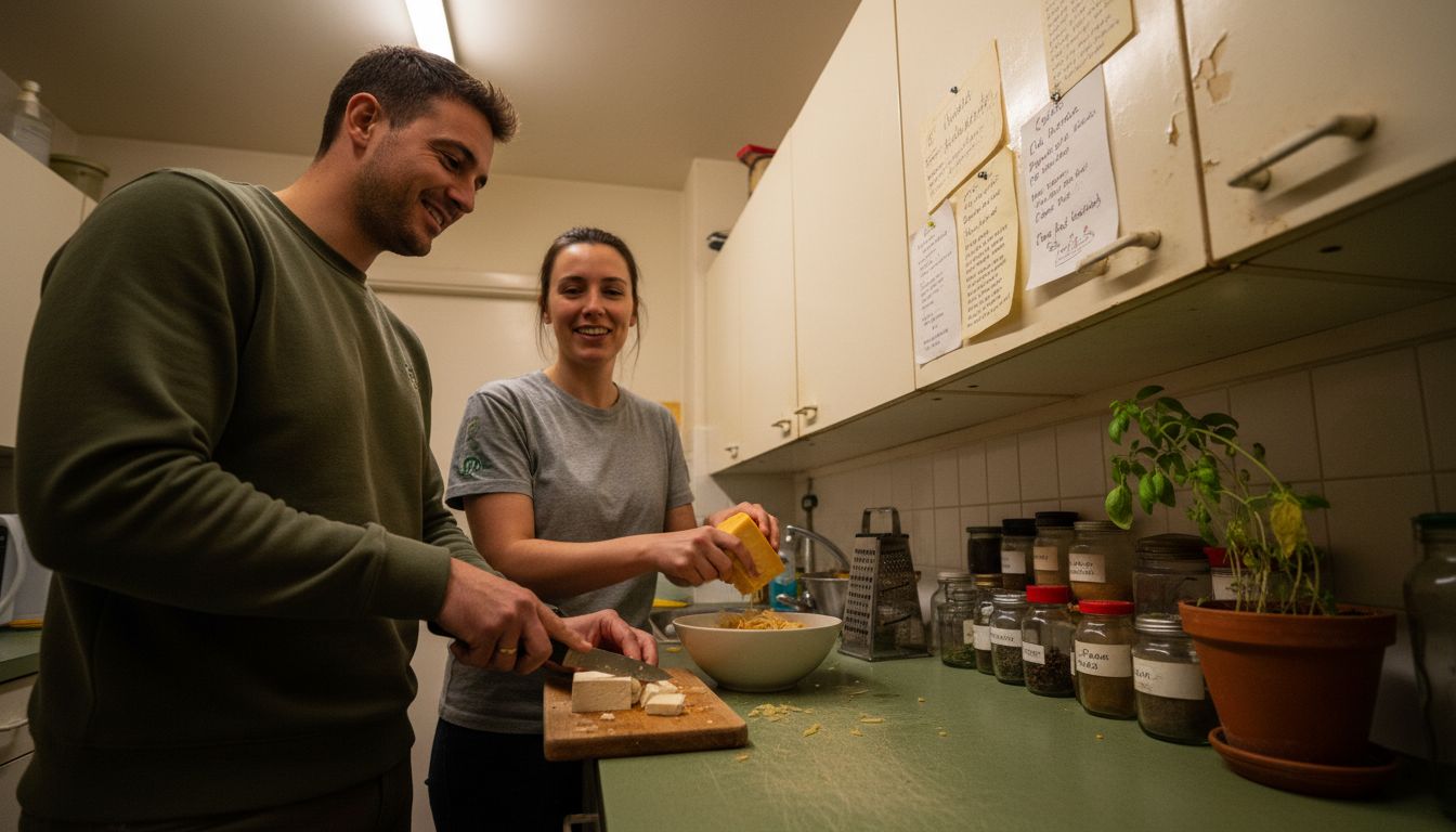 Friends cooking vegan and vegetarian meals together