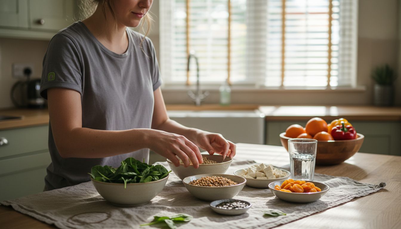 Woman arranges vegan iron rich foods on kitchen island