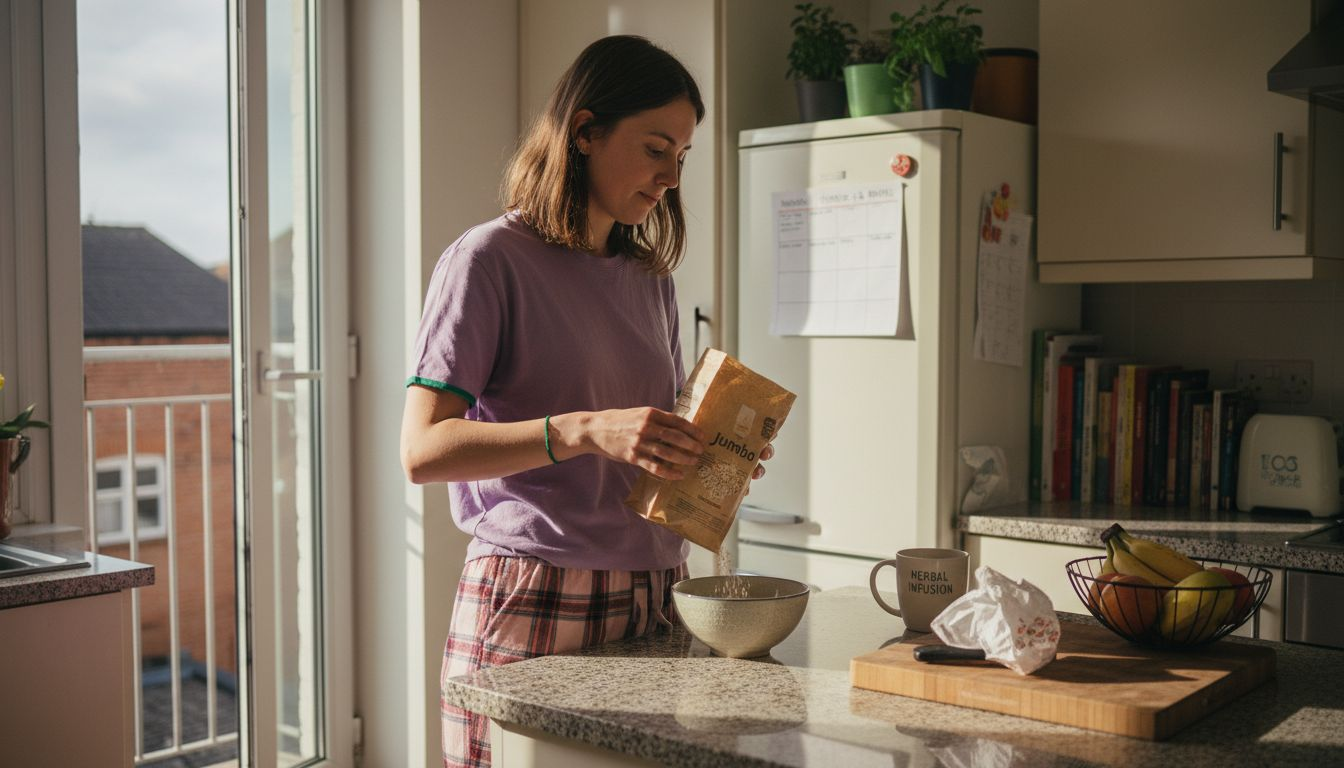 Woman preparing healthy breakfast in cozy kitchen