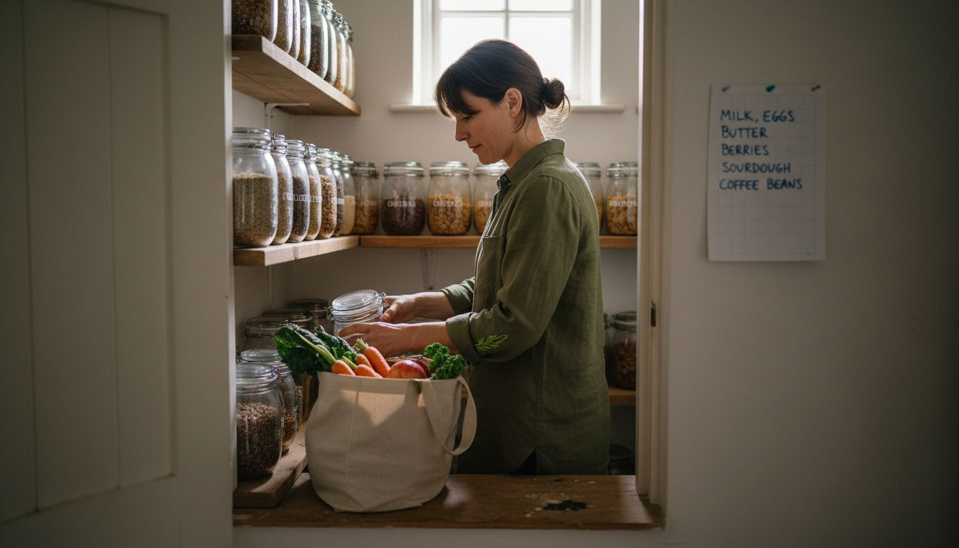 Woman arranging jars in bright home pantry