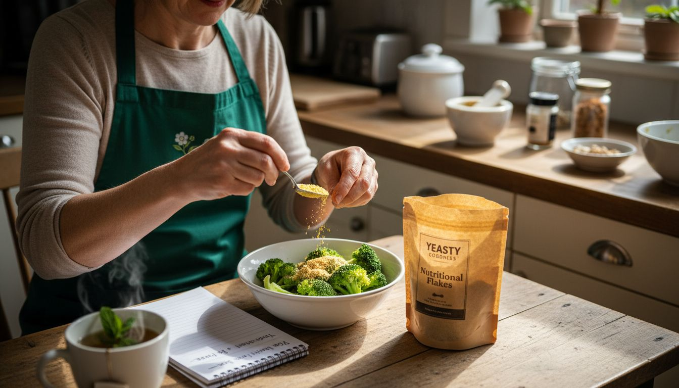 Woman using nutritional yeast in kitchen