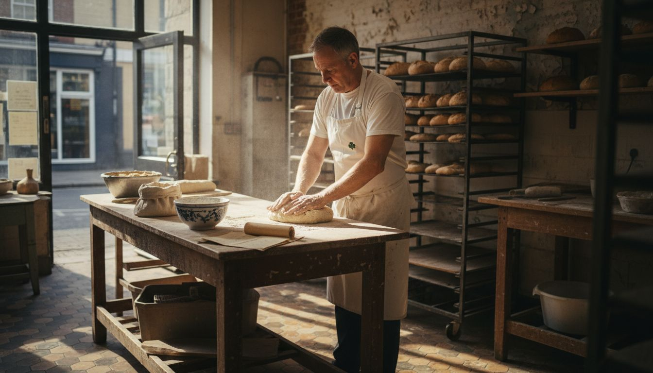 Baker kneading bread in old bakery