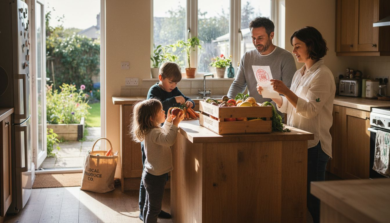 Family checking ethical produce delivery in kitchen