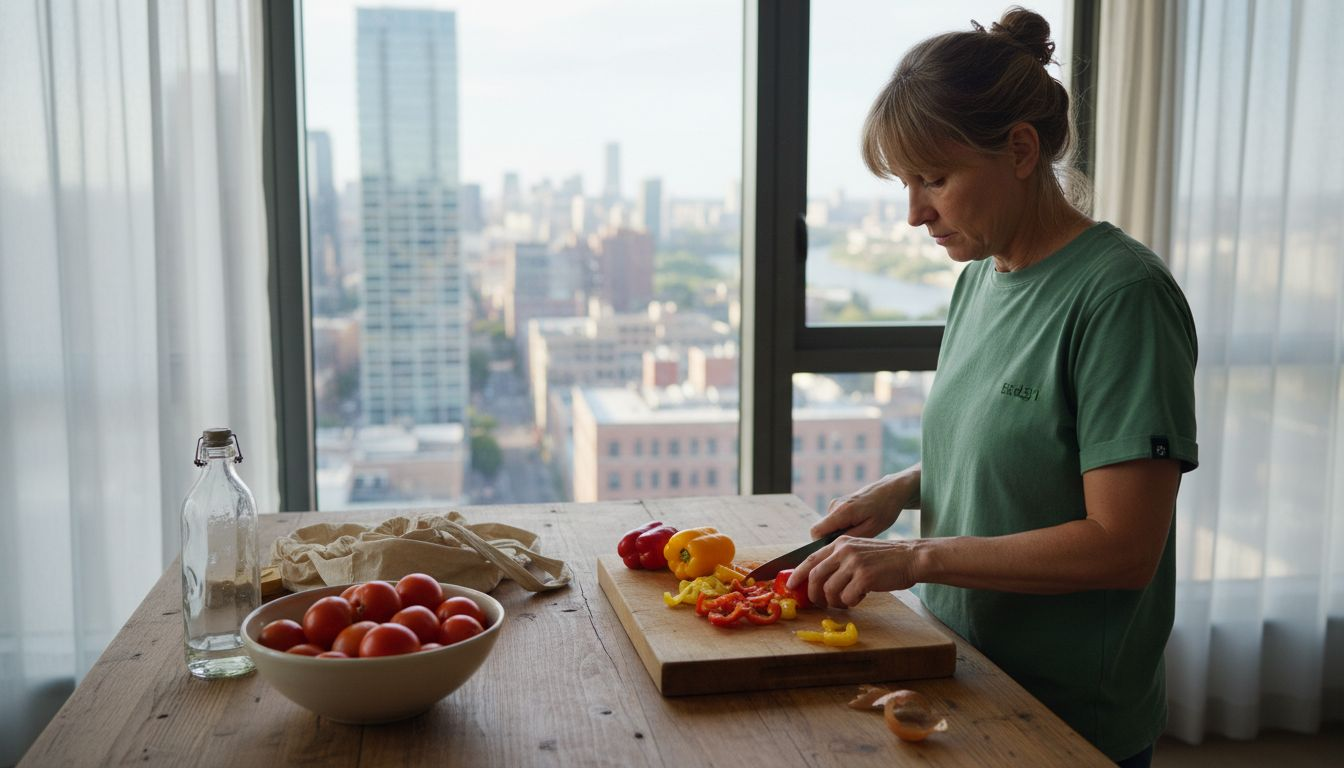 Woman preparing vegetables in city kitchen