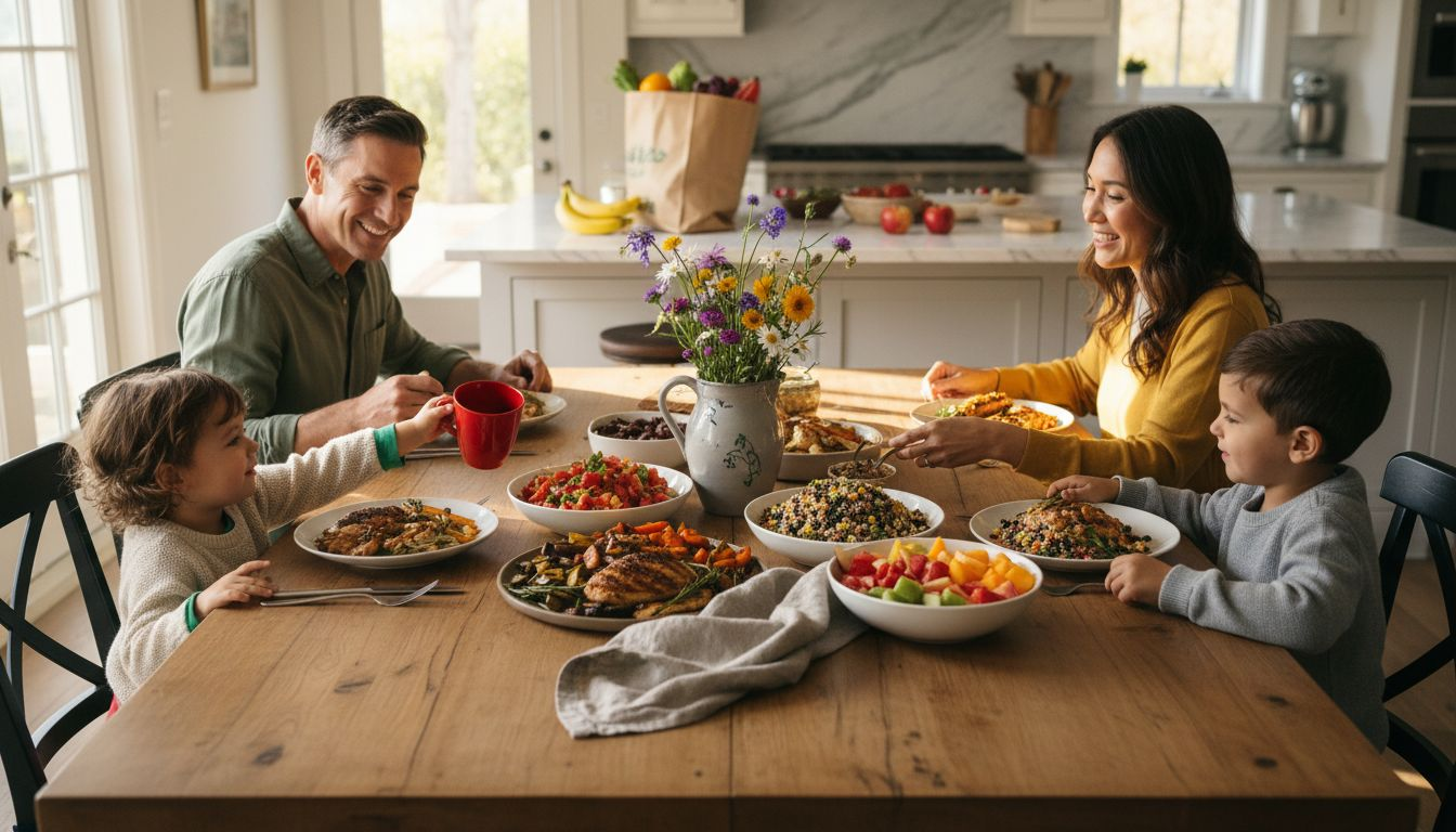 Family sharing balanced meal at kitchen table