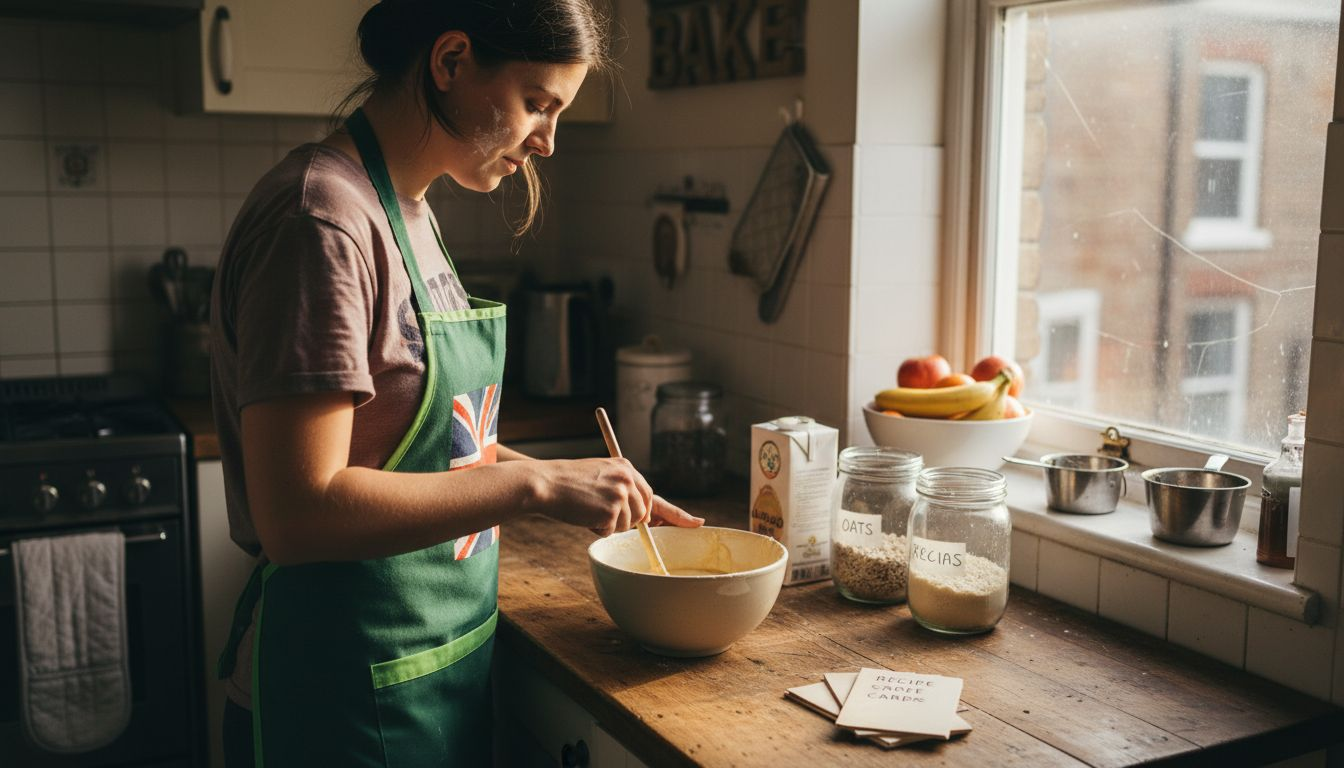 Woman baking vegan treats in sunny kitchen