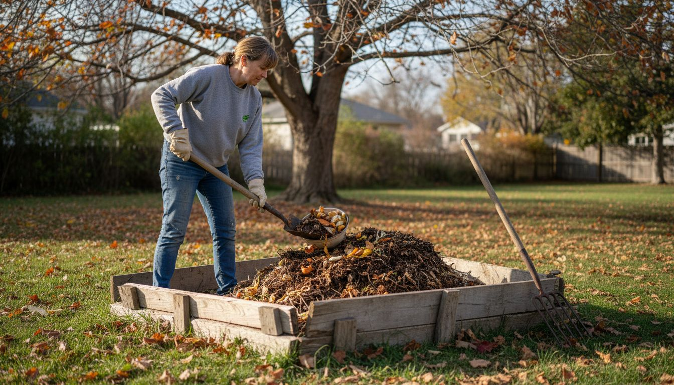 Woman adding scraps to compost pile outdoors