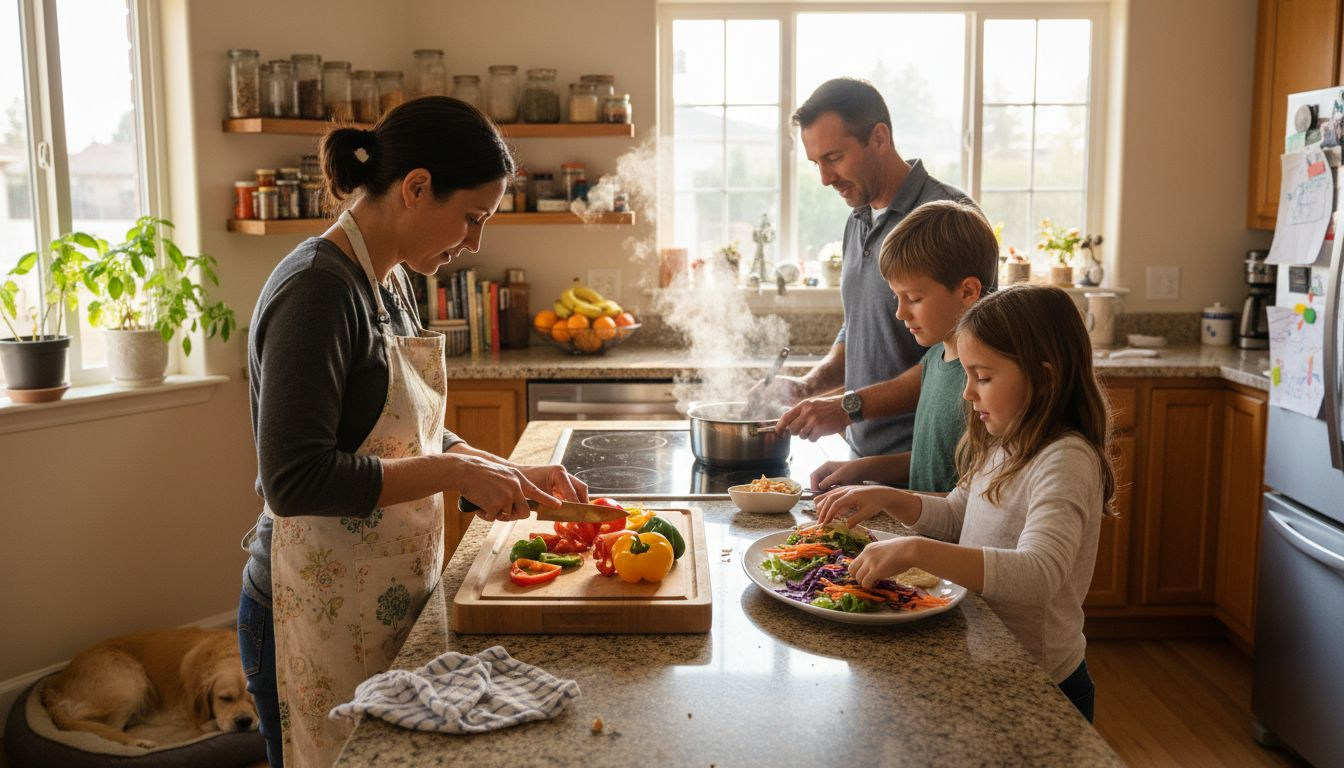 Family preparing colorful plant-based meal in kitchen