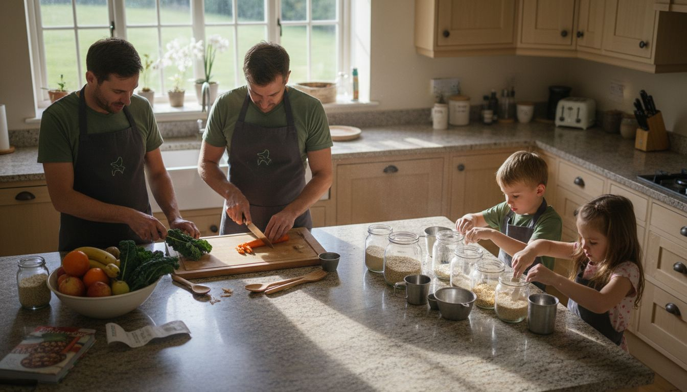 Family making healthy meal in kitchen