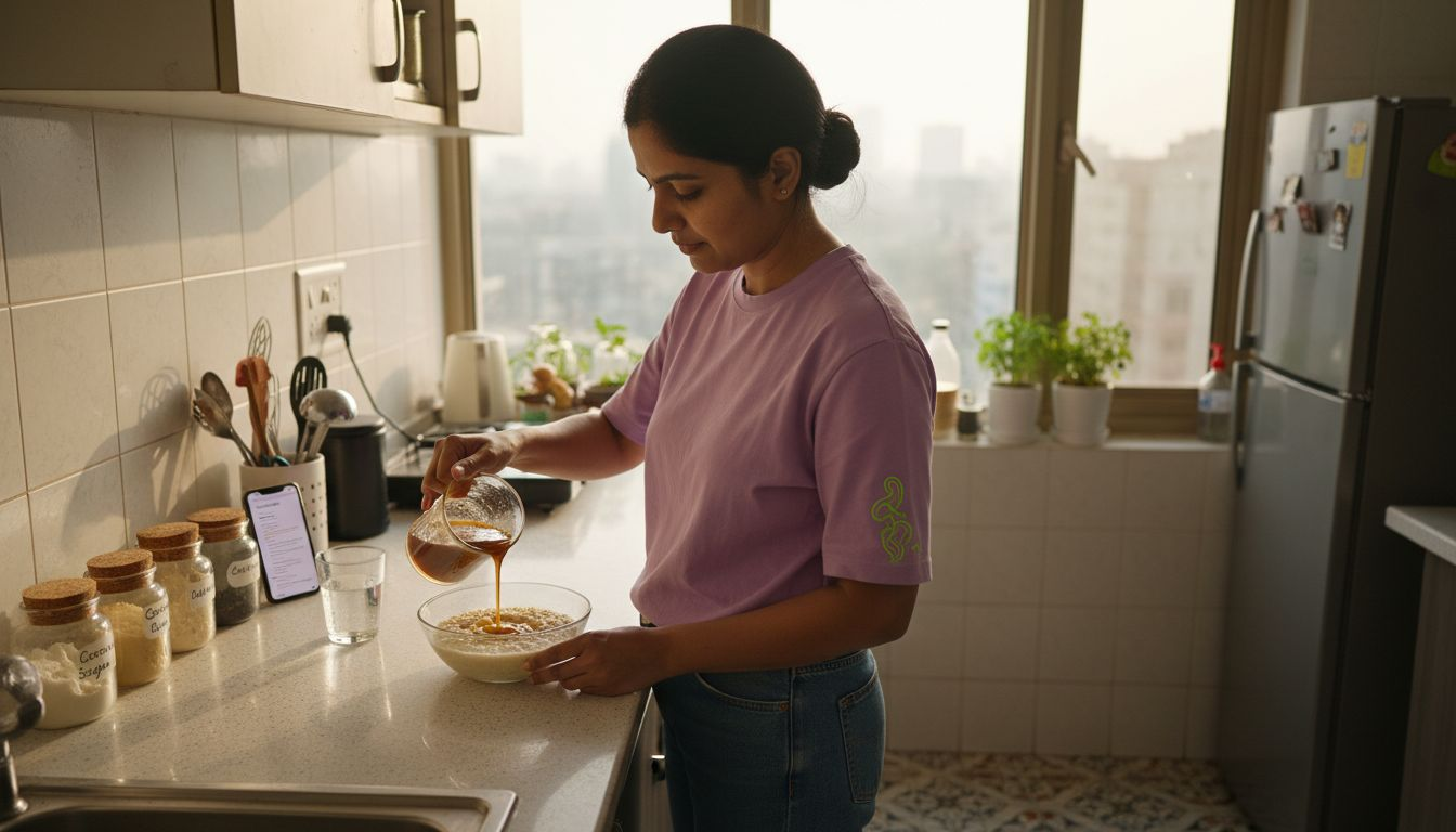 Woman using natural sweeteners in urban kitchen