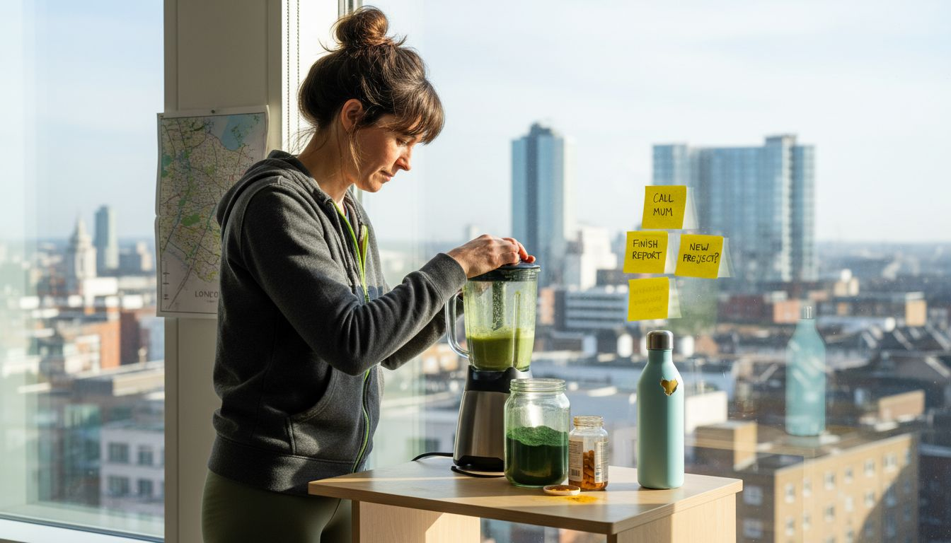 Urban professional making plant supplement smoothie